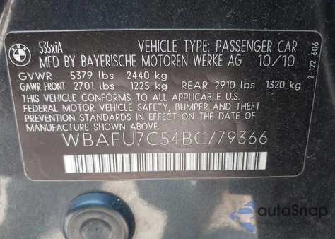 2011 BMW 535I xDrive из США, поврежденный, VIN WBAFU7C54BC779366